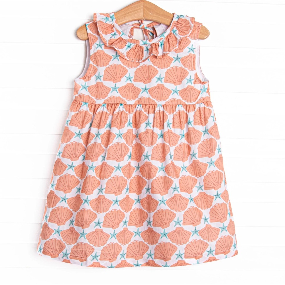 Stitchy Fish Shell Patterned Kids Dress - Orange and Blue